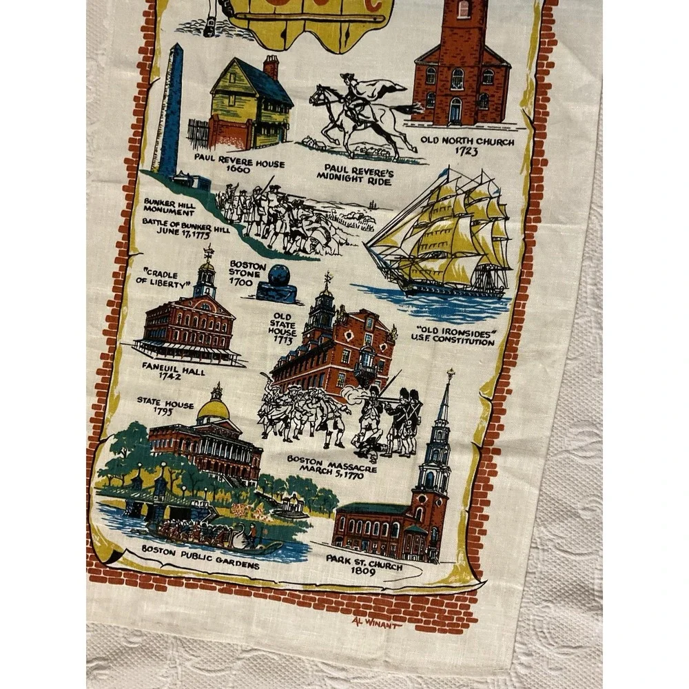 NEW Vintage 1970's Linen Historic Boston Souvenier Tea Towel 16